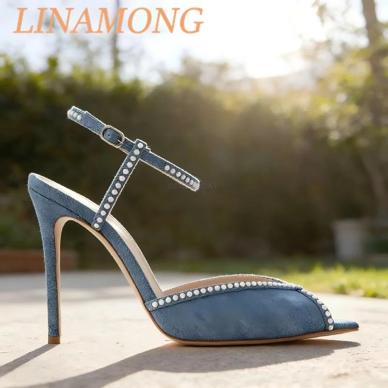 

Pointed Denim Rhinestone Sandals Fashionable Pointed Toe Ankle Buckle Strap Versatile Temperament Slim High-Heeled Sandals