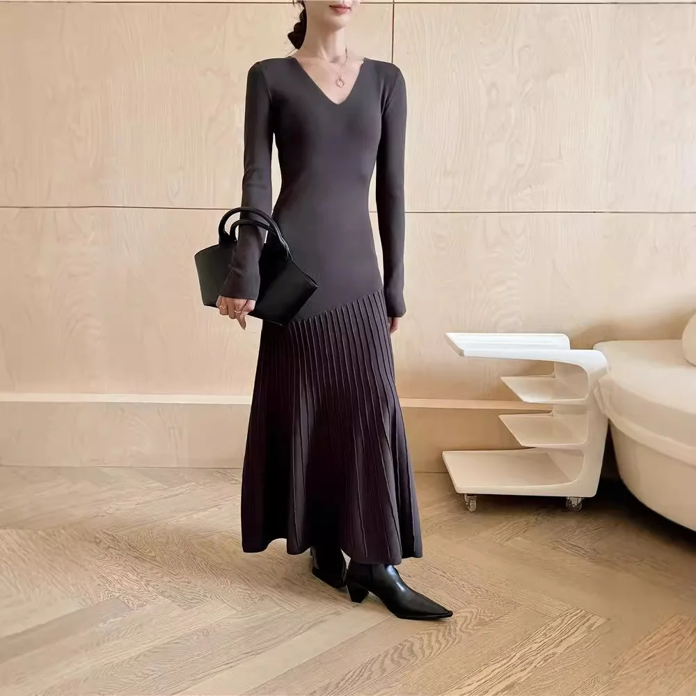 

7819 Spring 14-Needle High Twist Cotton Deep V-Neck Waist-Slimming Irregular Mermaid Inner Long Dress