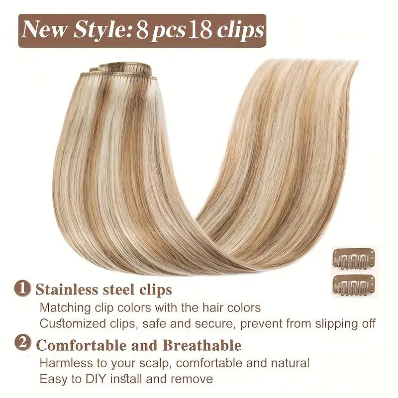 8 stuks clip-in hair extensions 100% echt menselijk haar P8/613 kleur bruin hoogtepunt blond voor vrouwen dagelijks gebruik echt gemakkelijk te dragen om te gaan