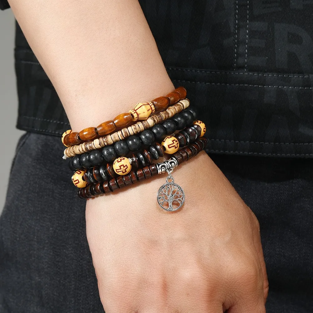 Multi-piece Set Wood Beaded Bracelet for Men Women Yoga Meditation Tree of Life Cross Bracelets Couple Friends Jewelry Gift