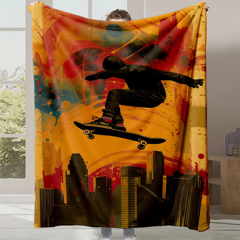 1pc Skate-Themed Teen Plush Quilted Blanket - Soft Warm All-Season Bedspread with Skater & Silhouette, Color-Block Design