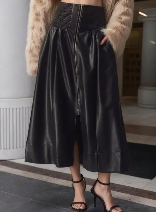

2025 Autumn/Winter High Waist Black PU Leather Skirt Half Skirt Women's New Mid length Skirt Umbrella Skirt Half Skirt