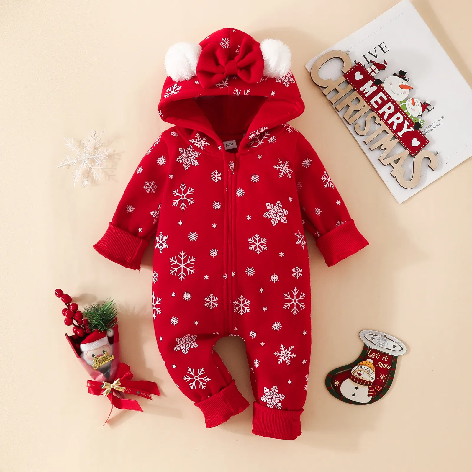 

Christmas Days Baby Girls Clothes 0-18M Newborn Hooded Jumpsuit Infant Girls Snowflake Long Sleeve Zipper Romper Toddler Outwear