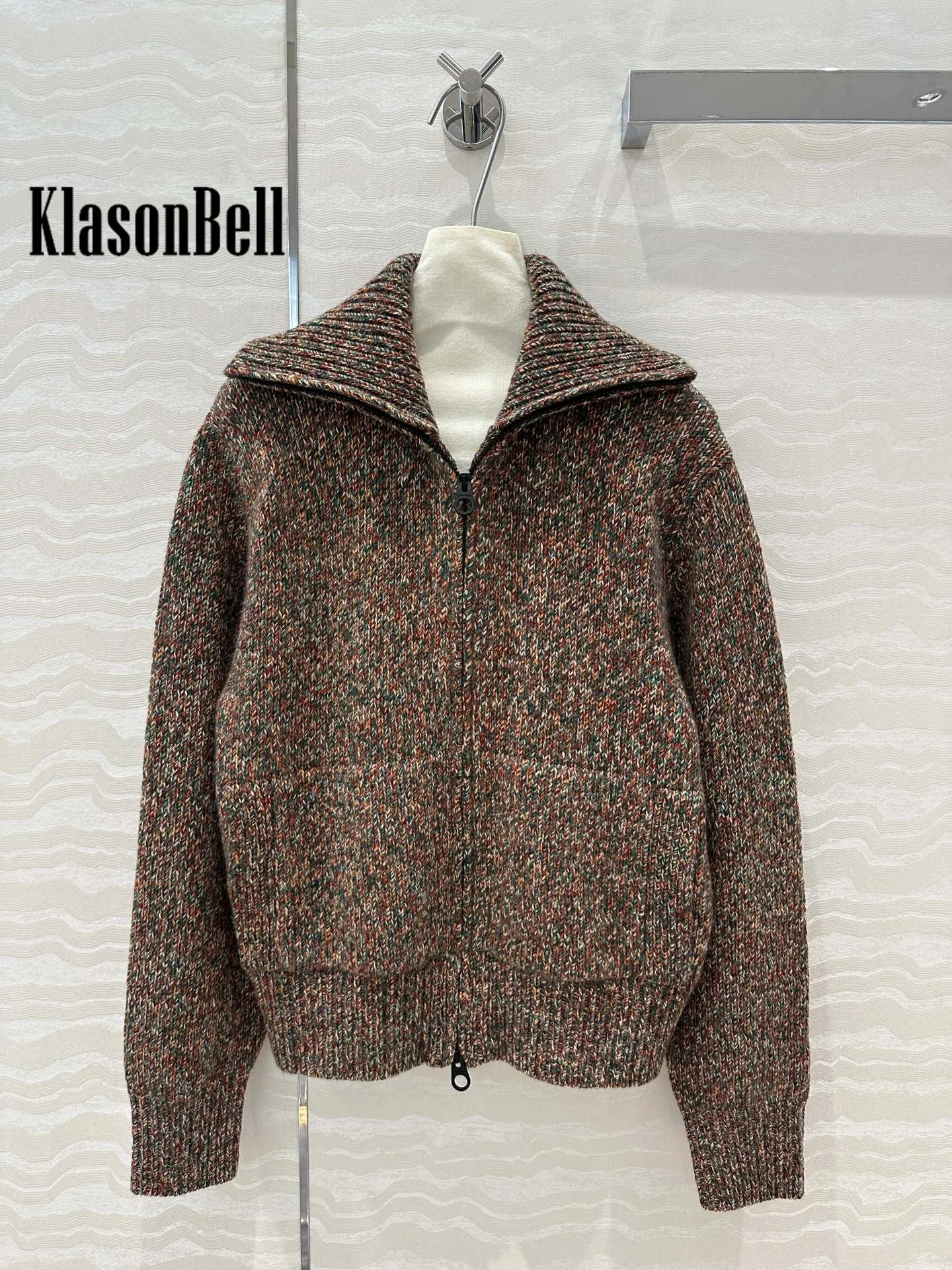 9.1 KlasonBell Women Classic Casual Fancy Coarse Yarn Turn-down Collar Zipper Cardigan Double Pocket Cashmere Knit Coat