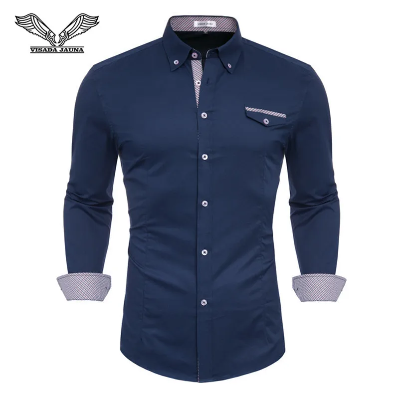 VISADA JAUNA 2019 Men's Plaid Panel Soild Color Business Male Fashion Lapel Casual Long Sleeve Shirt Big Size S-3XL TLH76