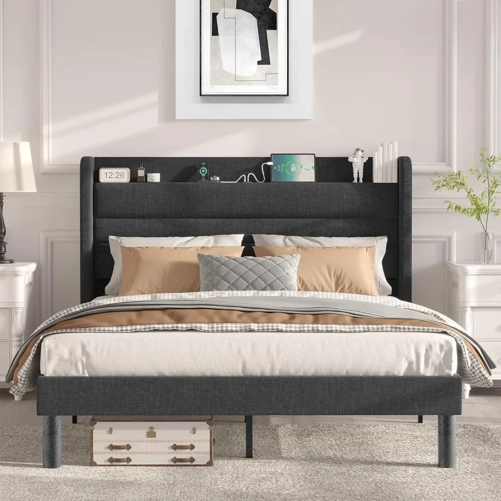 Bed frame with charging station, Type-C, USB, linen bed frame, storage headboard frame, no need for spring mattresses