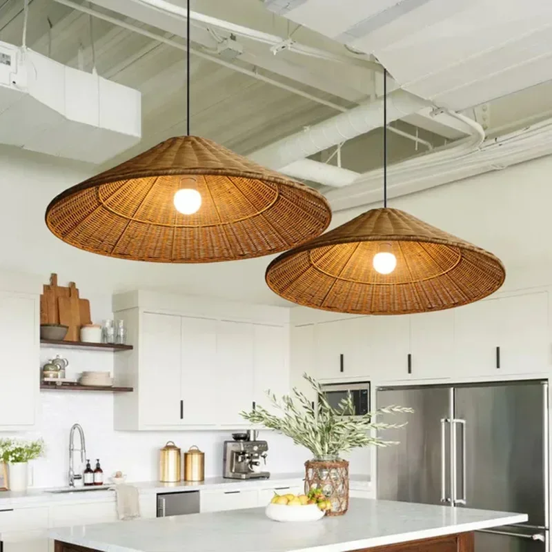 TechHPBrown Beige Rattan Pendant Light Minimalist Hand Knitted Lampshade For Dining Room Living Room