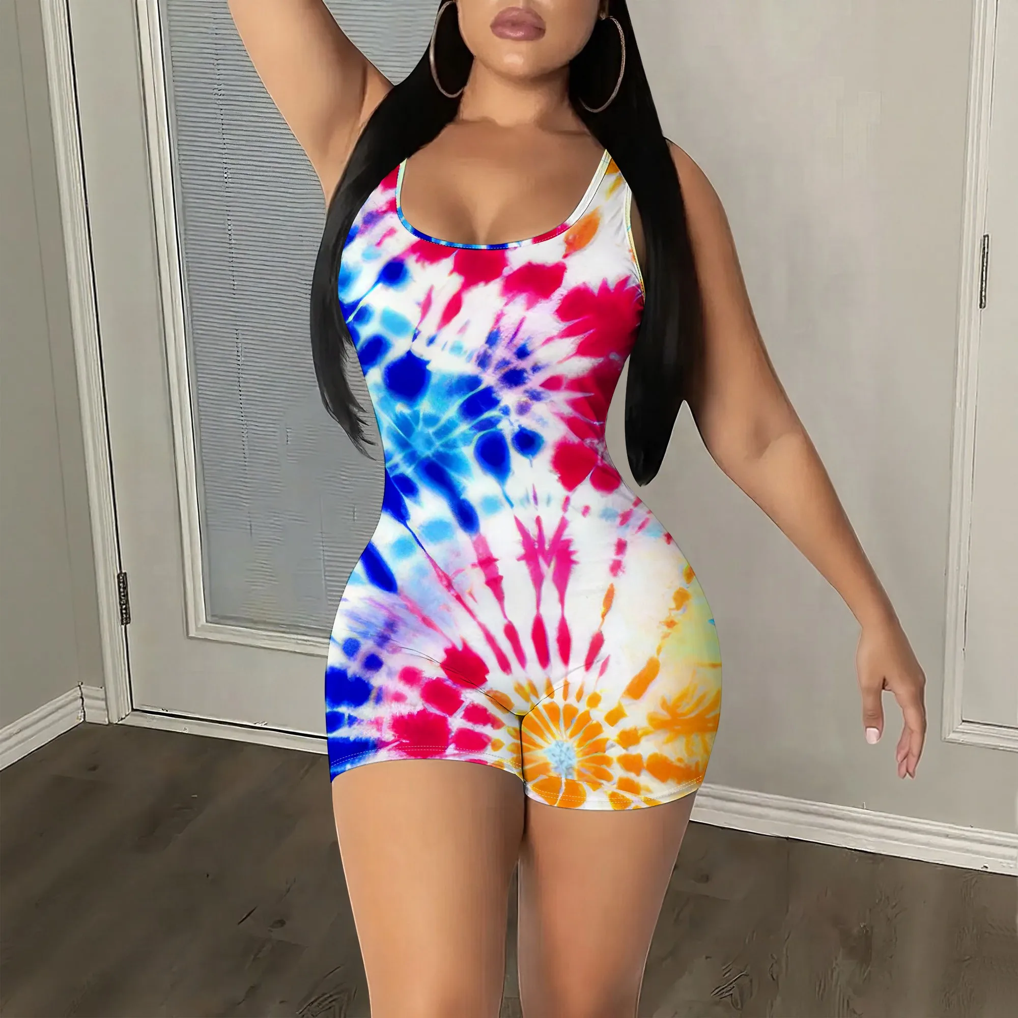 

Rainbow Tie Dye Bodysuit, Sleeveless Scoop Neck Playsuit, Colorful Spiral Print Jumpsuit, Summer Party Clubwear for Women, S-2XL