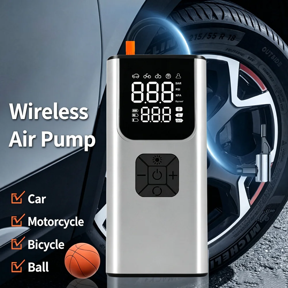 

MQHS Wireless Motorcycle Air Pump Portable Air Compressor for Car Bicycle Ball Electric Tire Inflator Pressure Gauge LED Light