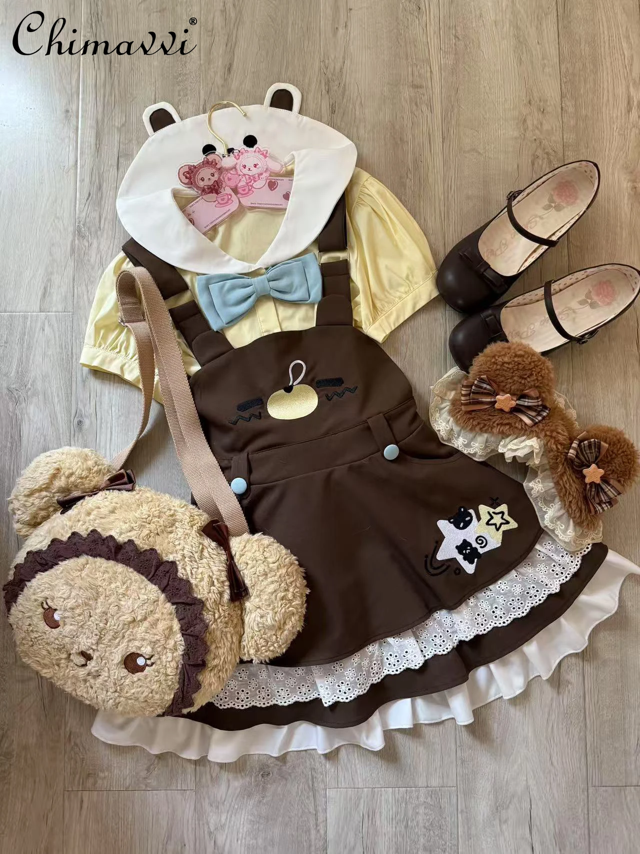 

Original Caramel Brown Cute Embroidered Bear Strap Skirt and Sweet Bow Bear Ear Lace Shirt Top 2025 Summer New Girl 2-piece Set