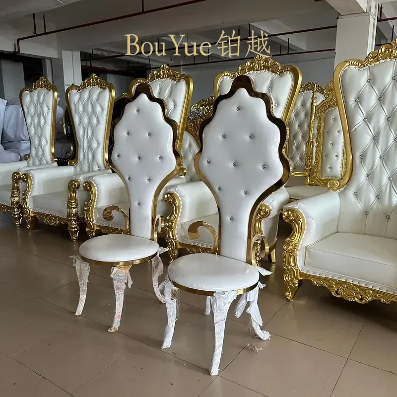 Luxury Gold Stainless Steel High Back Wedding Chair Elegant Armrest Banquet Seat for Bride Groom Party Event Decoration