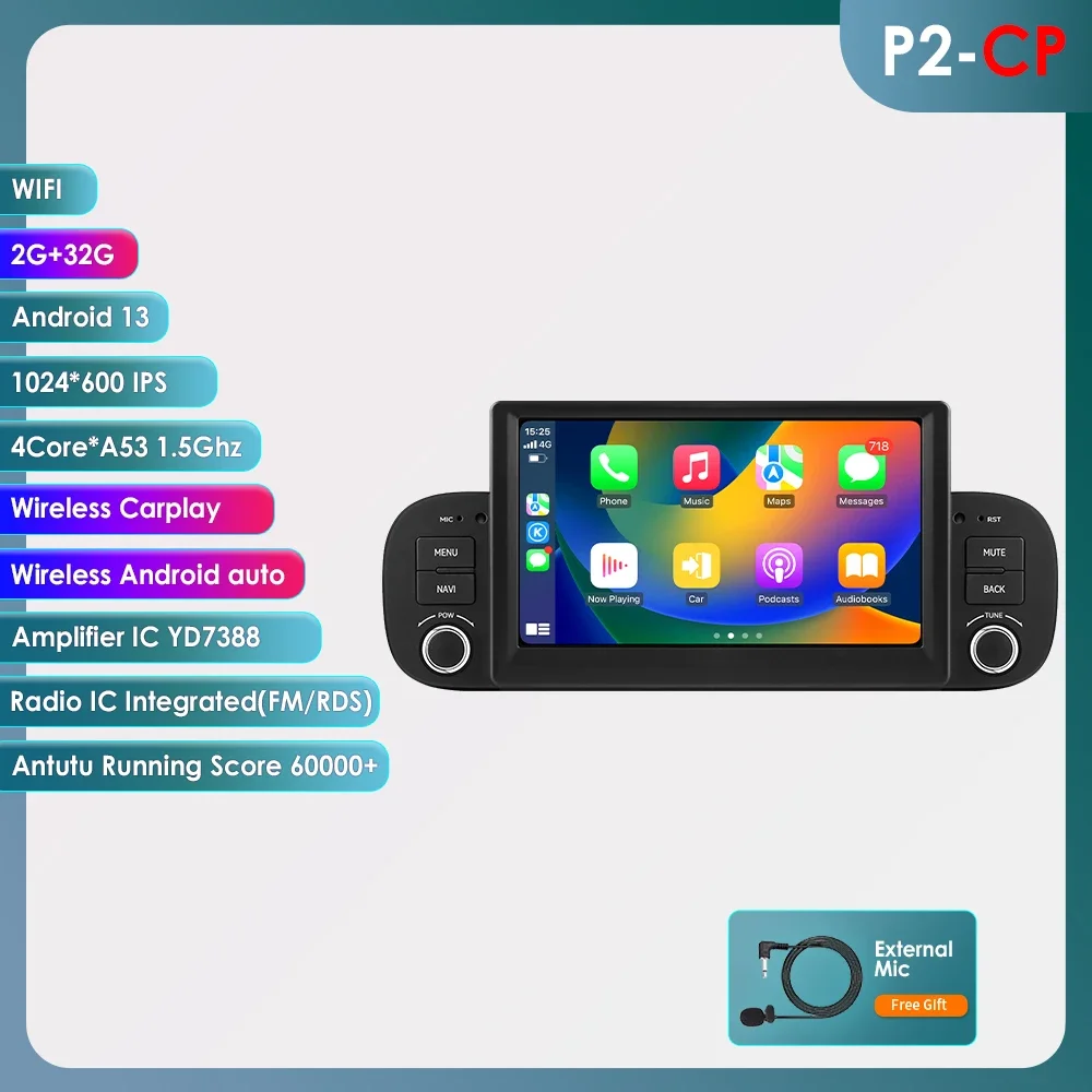 1DIN Android Autoradio Speler voor FIAT Panda 2013-2020 Android Auto Draadloze CarPlay Auto Multimedia 1 Din Intelligent Scherm GPS