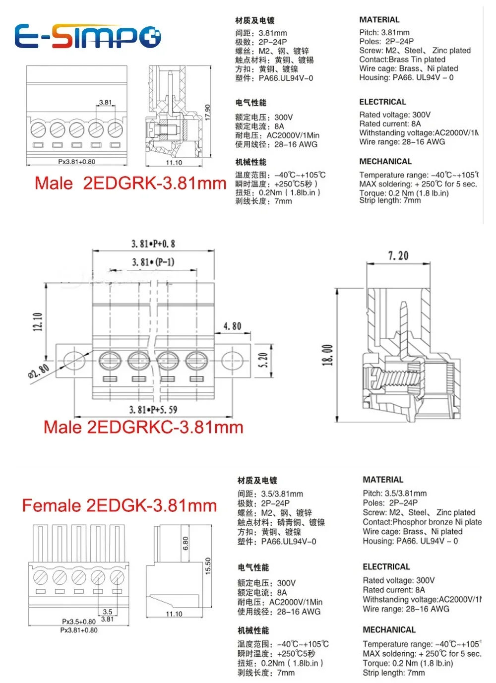 10pair/10pcs Aerial Butt Welding 2EDGRK 15EDGRK-3.5mm 2-24P Plug Male+Female Socket 28-16AWG Wire Screw Terminal Block Connector