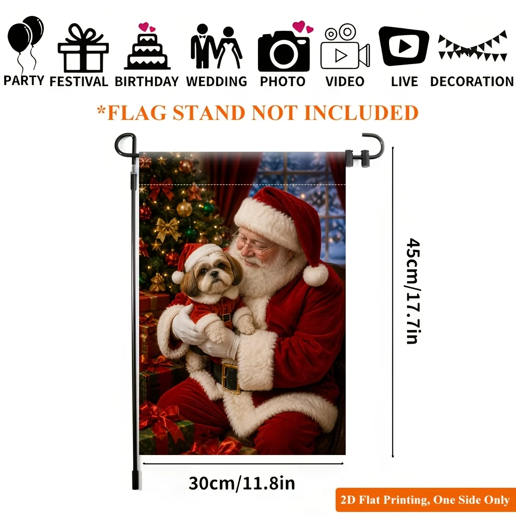 2D Flat - 2D Flat - 1pc, 2D Flat Printing, Garden Flag, Christmas-Themed Garden Flag Featuring Santa Claus, a Dog, Decorated Tree, Gifts, And Festive Ornaments. Outdoor Decoration for Home And Courtyard Decoration, No Electricity Required