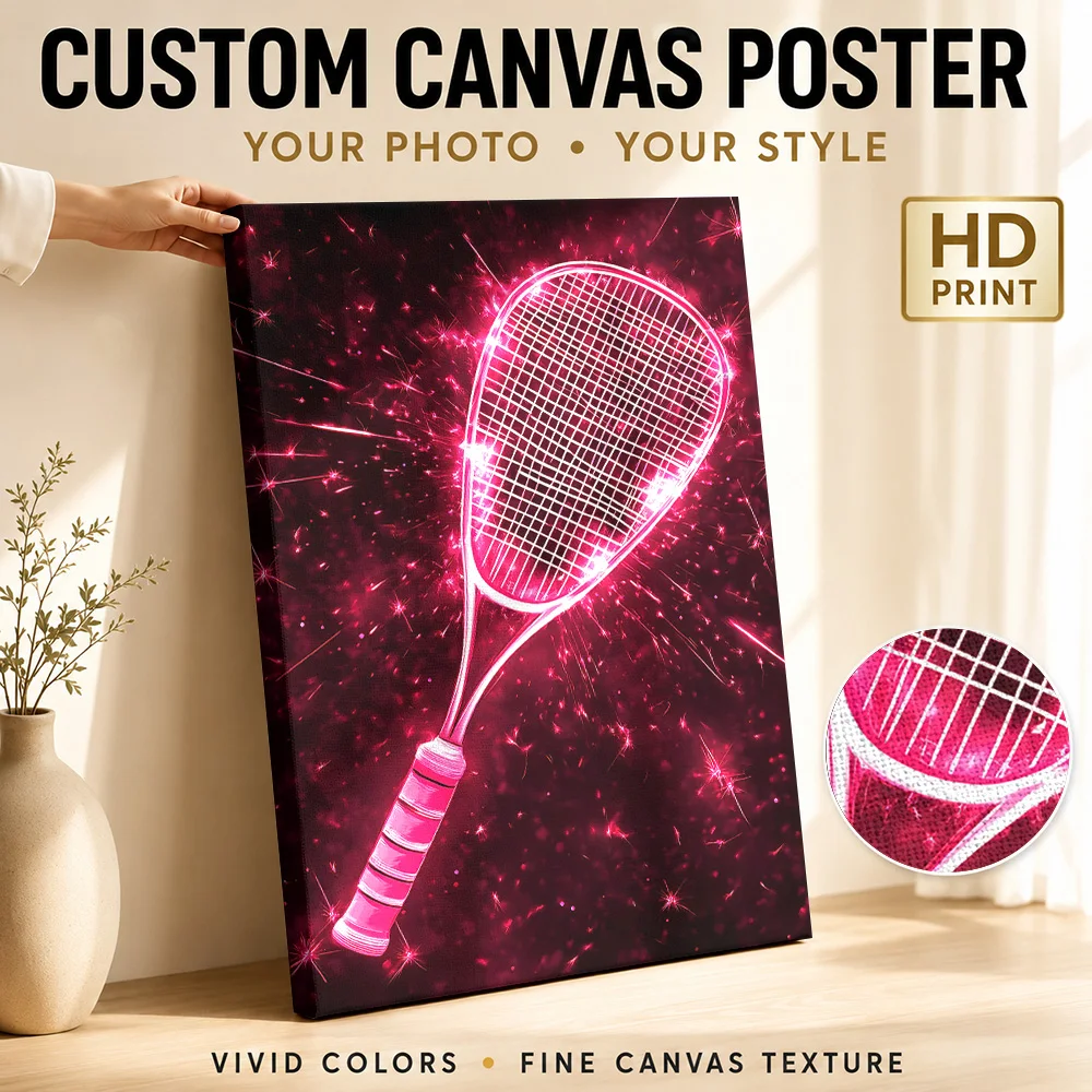 Neon Pink Squash Racquet with Sparkles Canvas Painting Poster Personalized Gaming Anime Canvas Wall Art for Teen Bedroom Decor