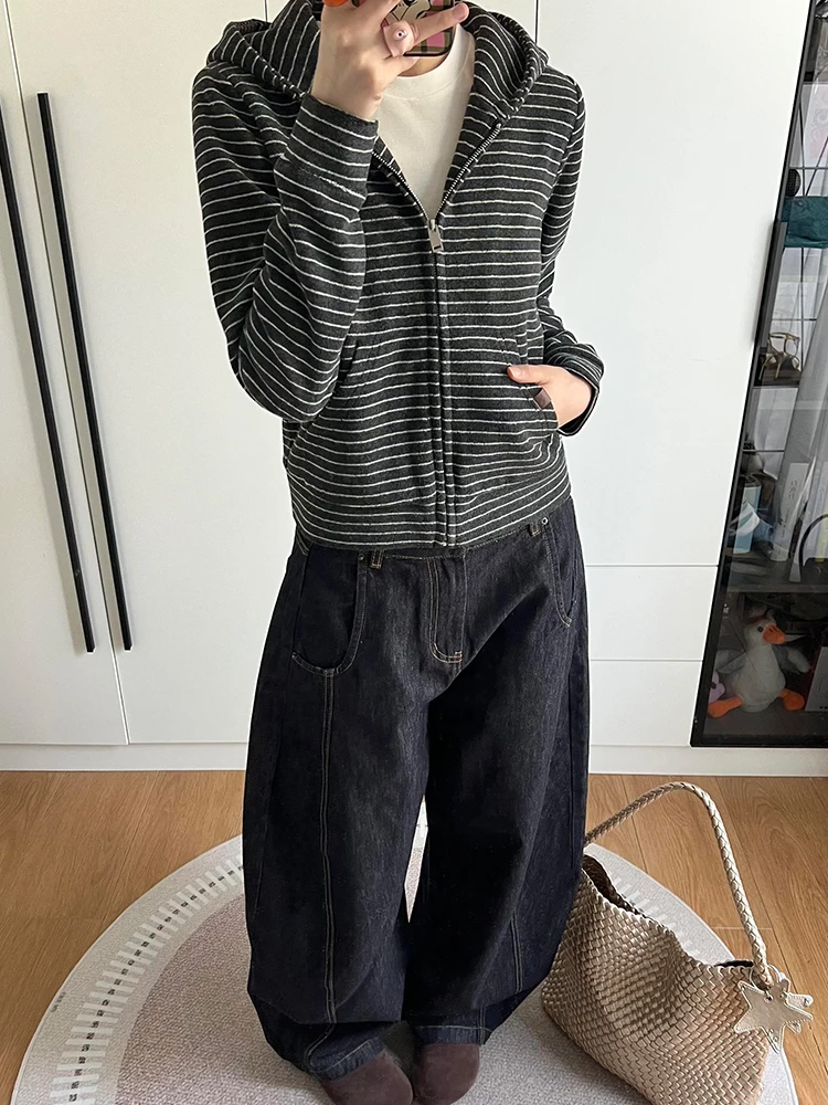 

Весна-Осень 2024, женский облегающий вязаный кардиган с капюшоном и открытой передней частью, модный полосатый дизайн, повседневный топ