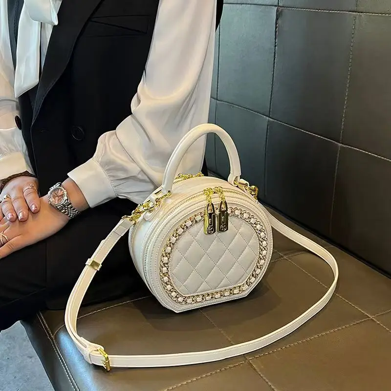 

Women's diamond-patterned small round handbag genuine leather messenger bag shoulder bag