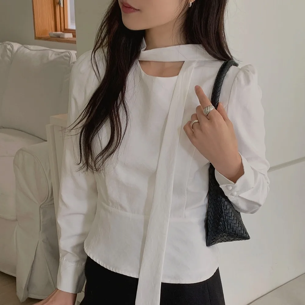 

Korean Sle Ele Faionable Sa Knot Bubble Sve Slim Fit Versatile irt Top Spring 2026 Commute Wear