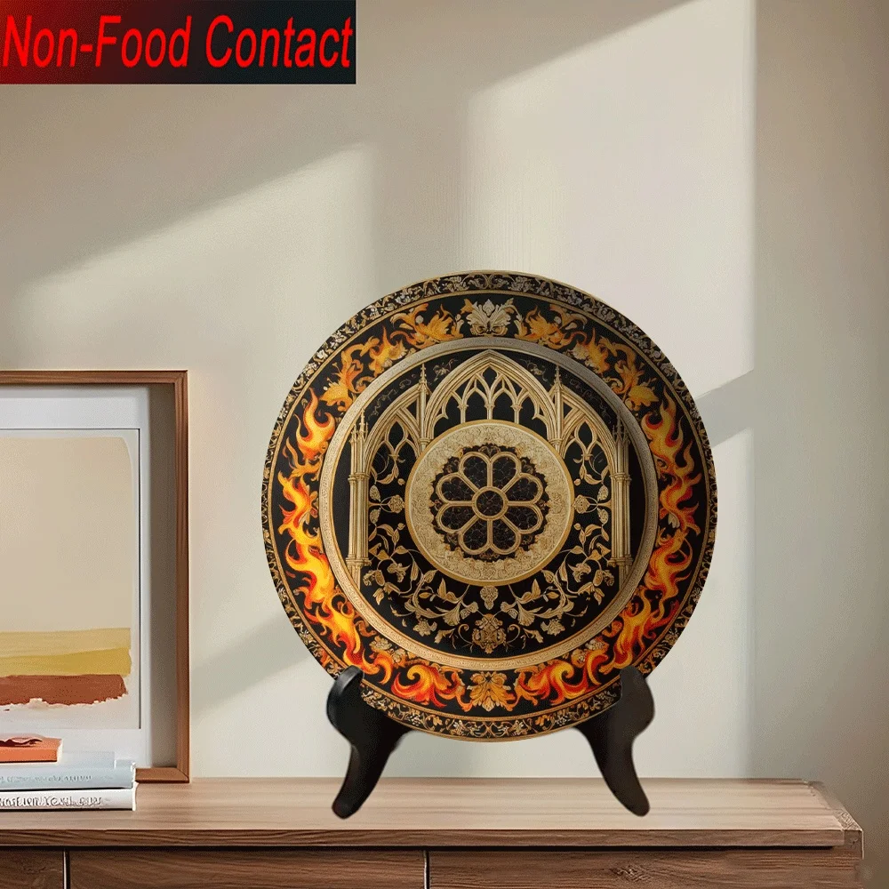 Christmas 2D 1pc Ceramic Decorative Plate, Gothic Architecture Pattern with Flame Edge Design, Non-Consumable Pure Decoration,