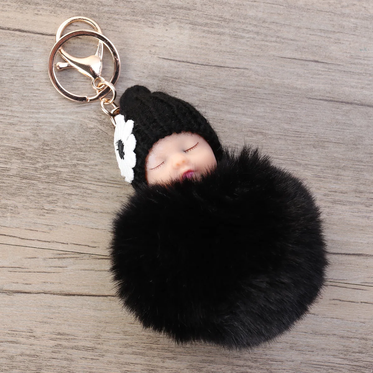 Sleeping Baby Keychain Pom Pom Soft Comfortable Touch Cute Decoration Organize Keys Pendant Gift Black Baby Key Chain