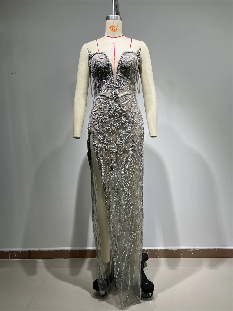 Vestido de lujo con cuentas de diamantes, traje Sexy con abertura alta, cuello en V sin tirantes, longitud hasta el tobillo, vestido de diosa, traje de fiesta de noche de celebridades