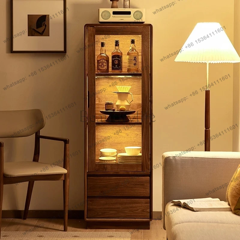 

Nordic black walnut wine cabinet simple solid wood home living room glass display locker