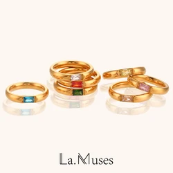 La. Muses Meaningful Lucky Rectangular Zircon Birthstone premium gold plated stainless steel ring woman Finger Decoration