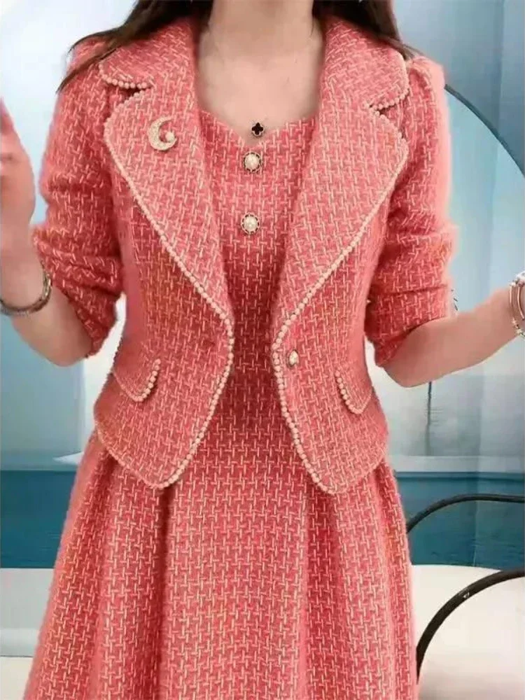 Insozkdg New Arrival Autumn Winter Office Ladies Formal Jacket and Skirt Suit Elegant Women Pink Apricot Two Piece Set Blazer