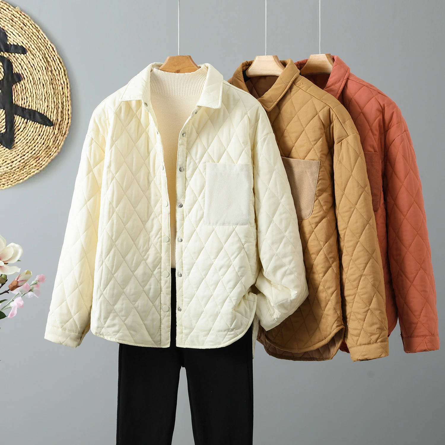 

Retro Geometric Cotton irt Women's Autumn Winter Casual Lightweight Jaet Collar Long Sve Regular Fit Single Button