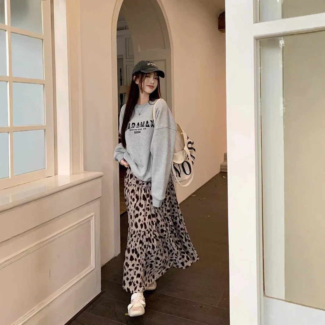 2025 spring new waist thin European and American drape hips leopard print A word cake long dress big swing skirt women