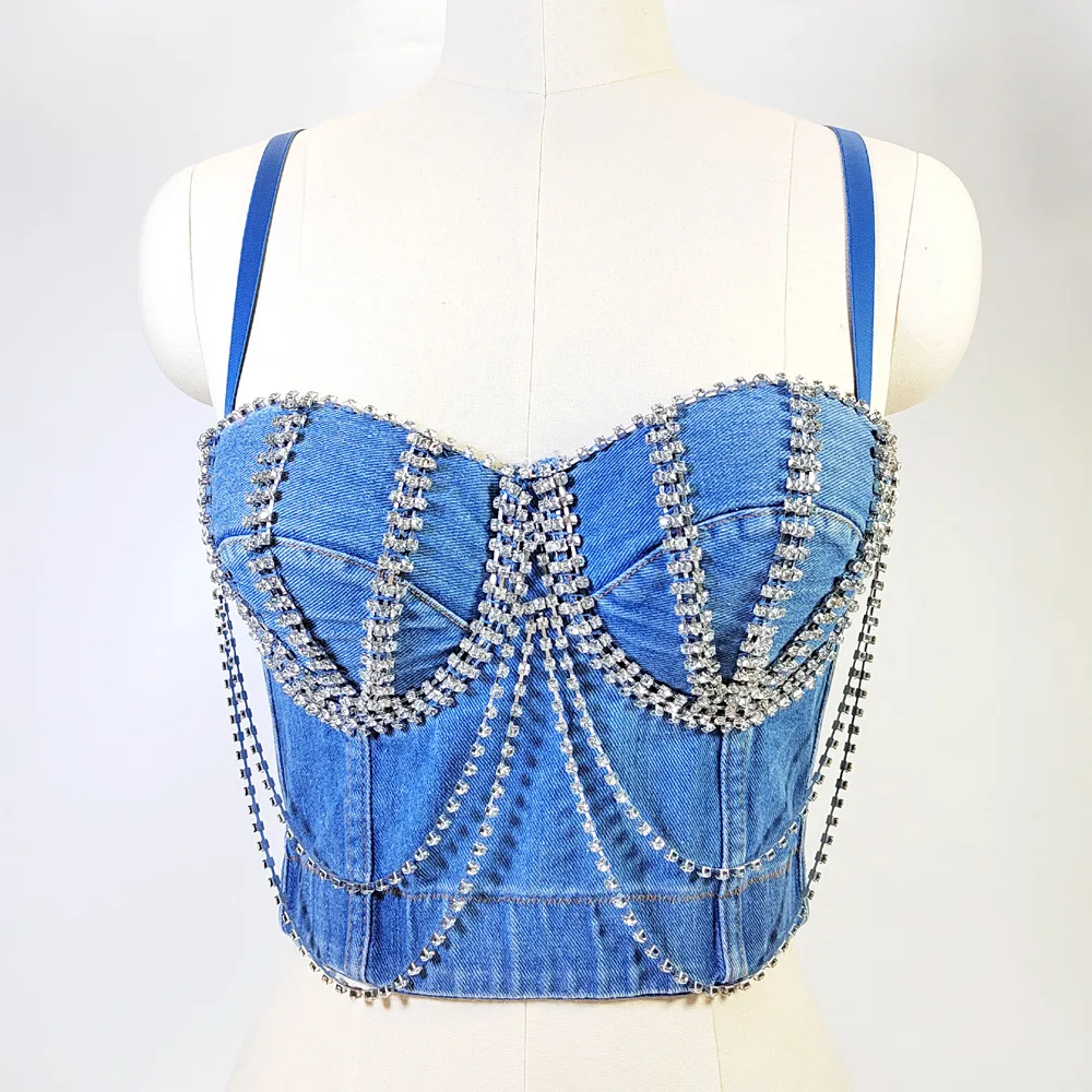 Denim Tube Top with Chains and Diamonds Sexy Bra Crop Top Women  Fishbone Body Shaper Night Club Corset Bralette Mujer Lingerie