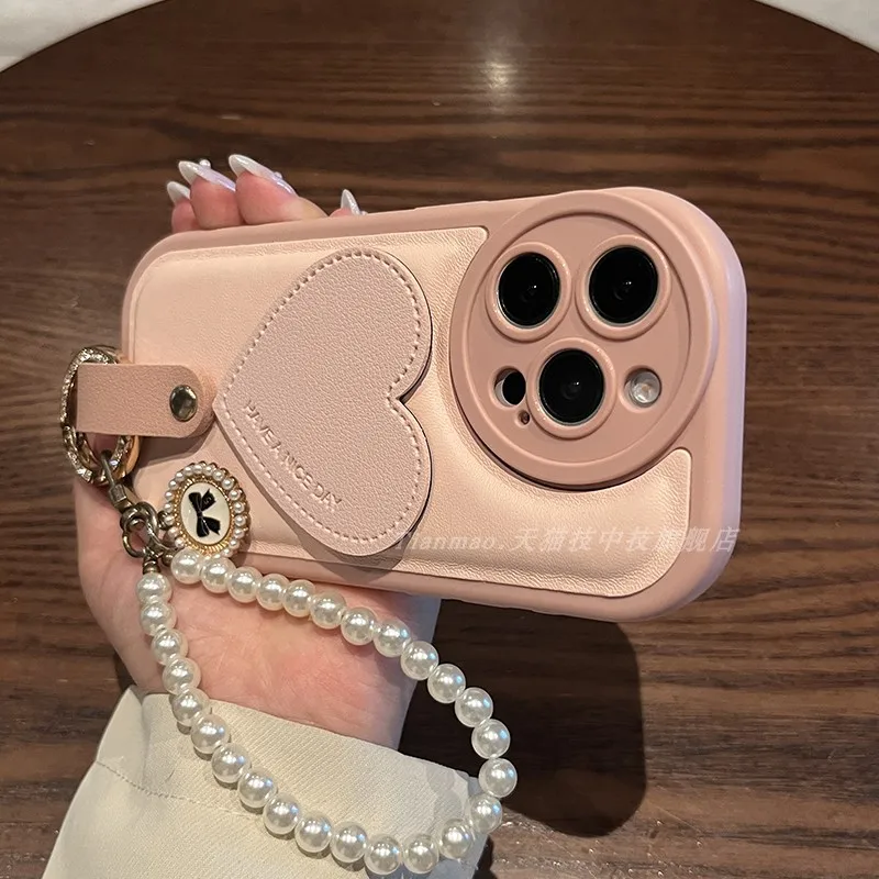 

Applicable Apple 16pro case chubby leather pattern pink big heart butterfly bracelet iphone16 15pro14 with lanyard 14pro