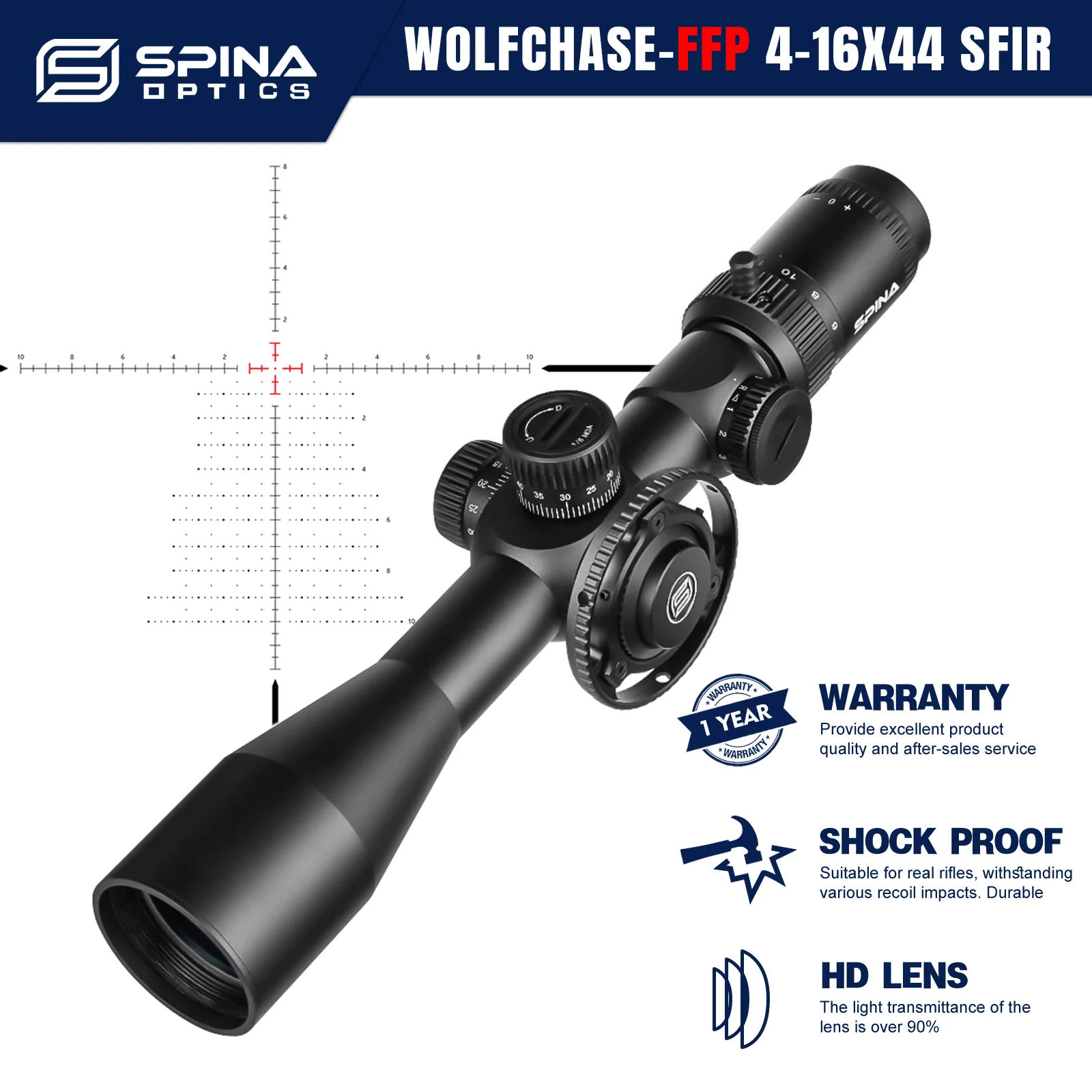 SPINA OPTICS WolfChase HD 4-16x44 FFP Illuminated Riflescope Min Focus 10yds Hunting Rifle Scope PCP AR15 .223.308 etc