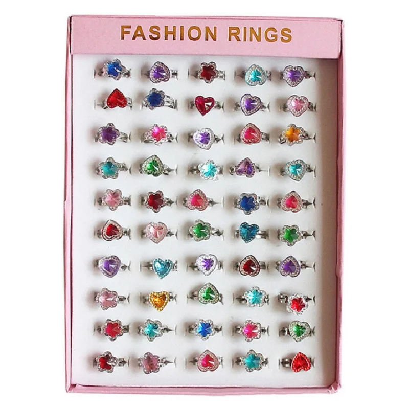 10pcs New Cute Cartoon Alloy Rings For Girls Boys Children Game Prizes Fashion Love Heart Flower Shape Rings Kids Jewelry Gifts