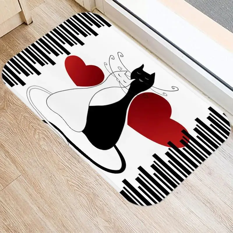 Moderne schwarz-weiße Katze, Silhouette, Herzform, minimalistisch, künstlerisch, romantisch, Heimdekoration, Teppich, Matte, Teppich, Bodenmatte, Willkommensmatte