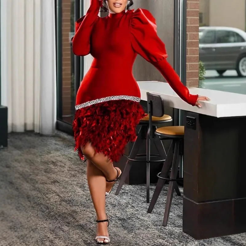 Eleganckie sukienki na jesień i zimę GUWU dla kobiet, na imprezy, wieczorne wyjścia, do klubu nocnego, z bufiastymi rękawami, z piórami na dole, do kolan, sukienki na studniówkę, Vestidos