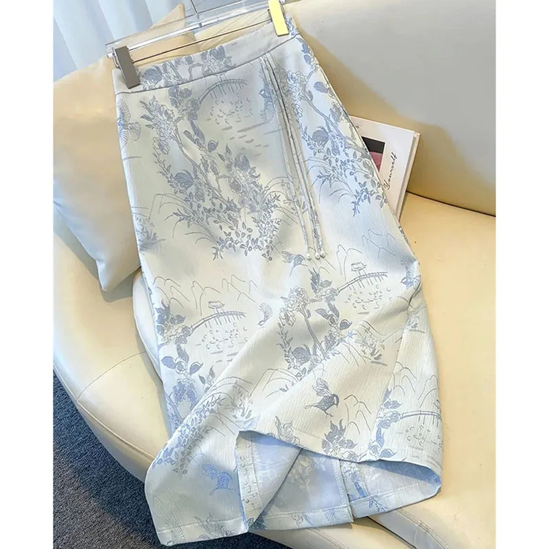 Female Fashion Casual Printed Skirt Summer Lady High-end Straight A-line Hip Maxi Skirt Women High Waist Embroidered Long Skirts