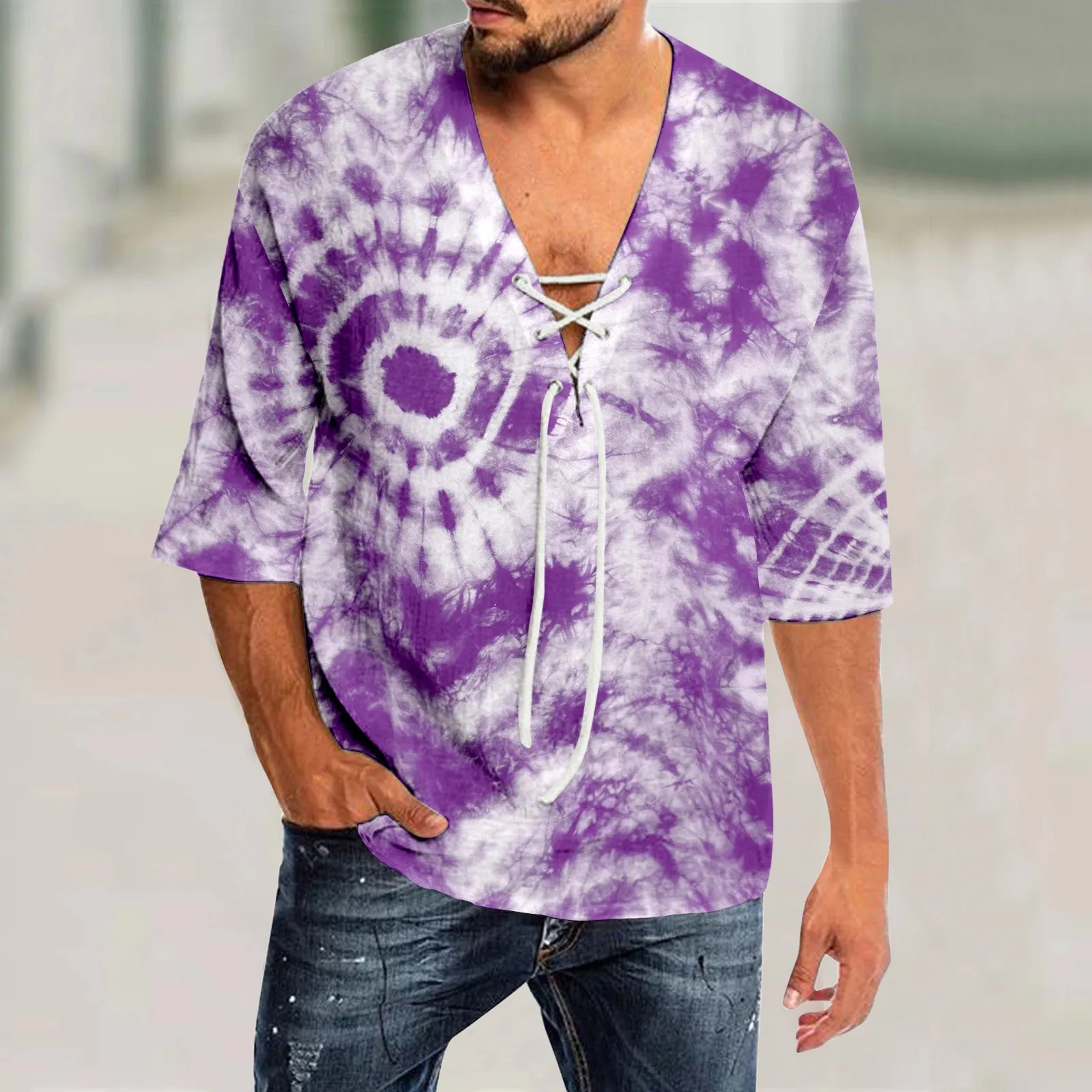 Mens Spring And Summer Casual Tie Dye Print T Shirt Lacing V Neck 3/4 Sleeve Tops simple style Sports All-