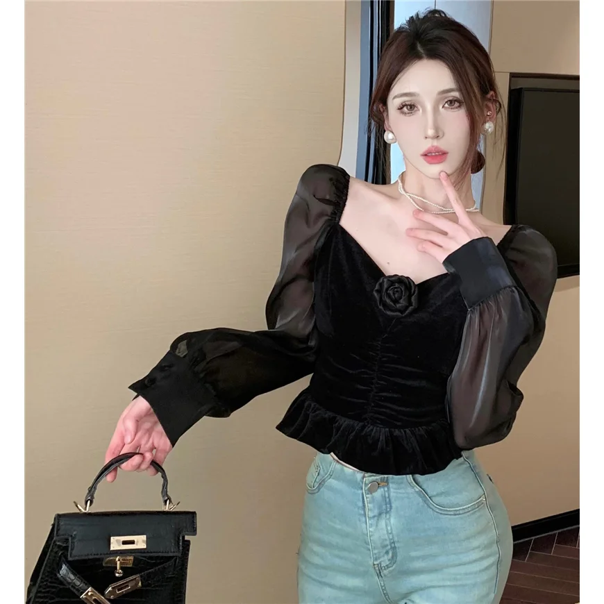 Autumn New Korean Fashion Patchwork Slim V-neck Flare Sleeve Top Tee Women Clothes Sweet Bright Line Decoration Pullover T-Shirt