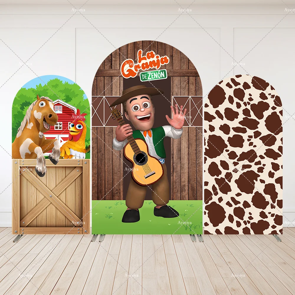 

Green Grass Farm theme Party Arch Backdrop Cover Custom Cow Prints Zenon Arched Wall Background Kids 1st Birthday Baby Shower