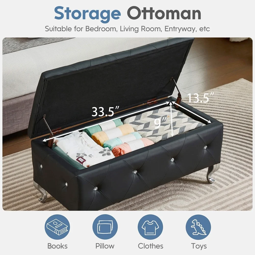 Versatile Storage Ottoman Bench with Crystal Buttons Bedroom Living Room Entryway Stylish Upholstered Footrest Easy Assembly