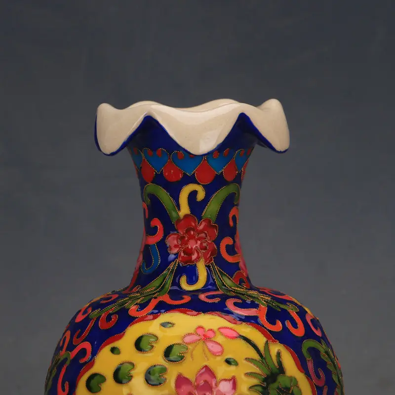 Chinese Antique Style Ding Kiln Cloisonne Enamel Mandarin Duck Scalloped Mouth Lantern Vase Porcelain Home Decor Handmade Gift