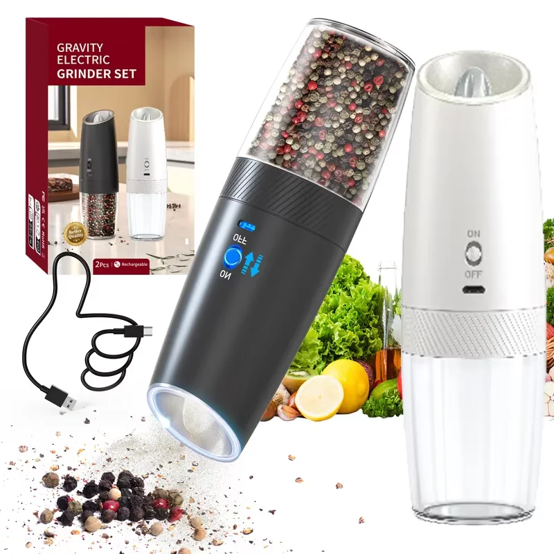 1pc/2pcs MINI USB Rechargeable Automatic Pepper Grinder Adjustable Coarseness Salt And Pepper Mill for Kitchen Spice Grinder