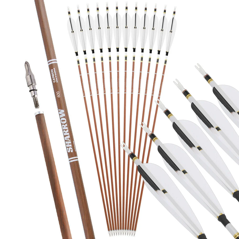 

Carbon Arrows 12pcs 31 Inch Spine 340-600 Pure Carbon Shaft with 5 Inch Feathers for Compound Recurve Bow Outdoor Hunting