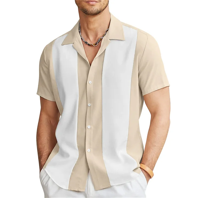 Chemise de bowling décontractée à manches courtes pour hommes, chemise à boutons, revers de couleur assortis, quotidien de rue, 6 couleurs, mode estivale, 2023