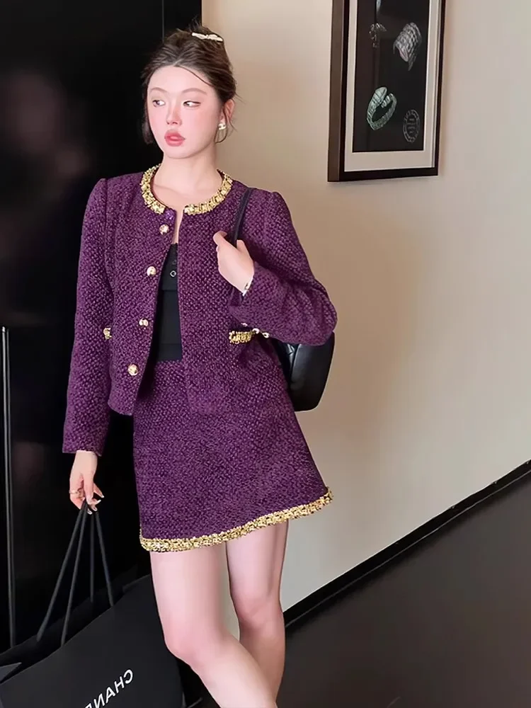 Purple Elegant Sets Dress Autumn Winter High Quality Beaded Stitching Coat High Waist A-Line Skirt Slim Office 2-Piece Set Women