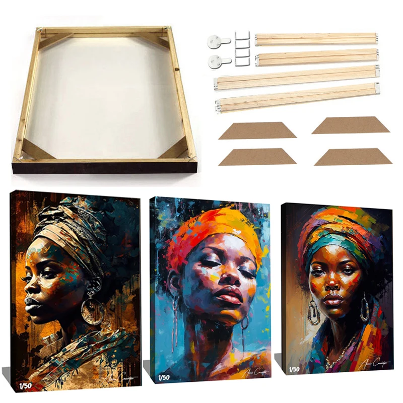 African Woman Oil Painting on Canvas with Frame Mother and Girl Poster Prints Street Graffiti Figure Portrait Wall Art Picture