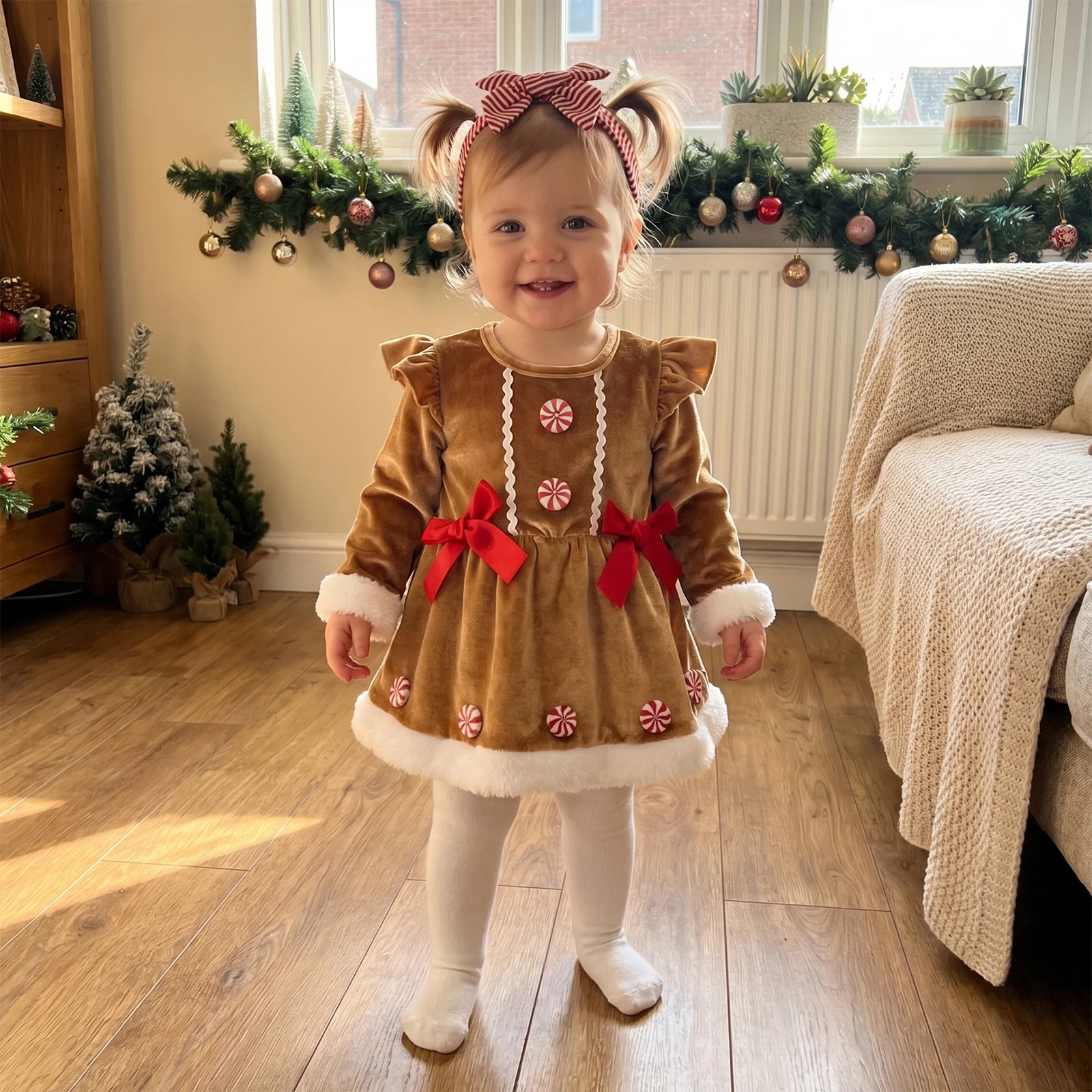 New Years Infant Girl Christmas Outfit Xmas Warmer Long Sleeve Crew Neck Contrast Color Bow Decor Velvet Romper Dress Headband