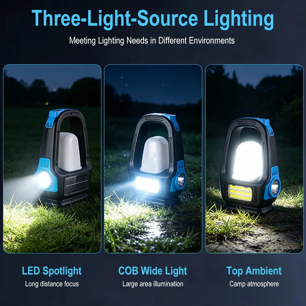 BORUiT Solar Portable Flashlight LED COB Multifunction Torch Type-C Rechargeable Camping Lamp Work Light Handheld Searchlight