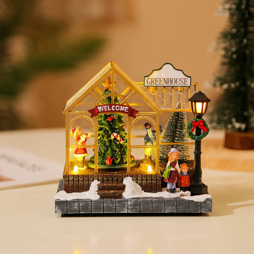 

Christmas Resin Crafts Christmas Village Luminous Music Small House Snowman Tree LED Lights Holiday Gift Home Decor Ornaments